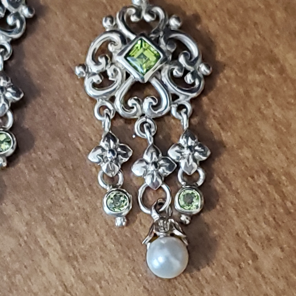 Sterling Silver Chandelier Earrings with Peridots and Pearls - Picture 2 of 16